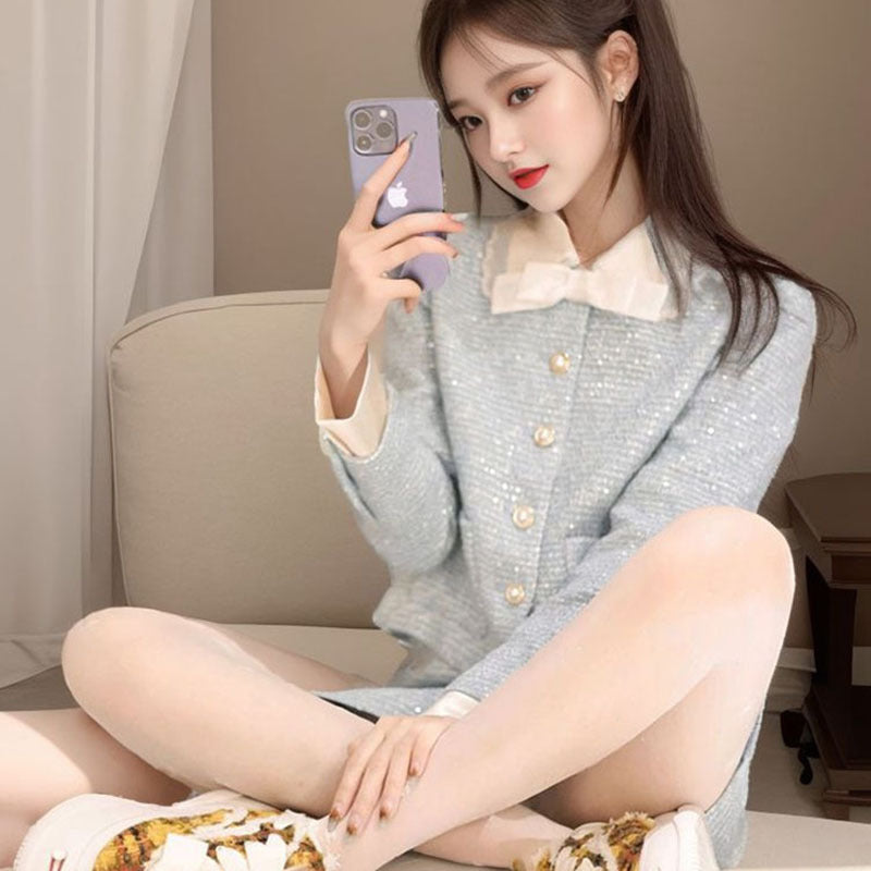 celebrity style milk blue fashion temperament small small man looking thin A word skirt autumn and winter J8009