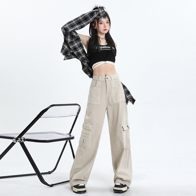 2025 Apricot n tooling multi-pocket jeans women's spring and summer popular new high-waisted loose straight wide-leg pants