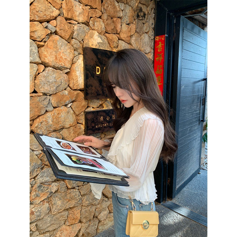 Small pleated design shirt women's  gentle first love temperament ruffle edge long sleeve retro collar top