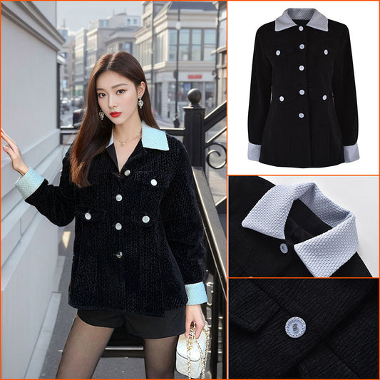temperament wind single-breasted contrasting color splicing short coat women's autumn and winter retro black blazer K7151