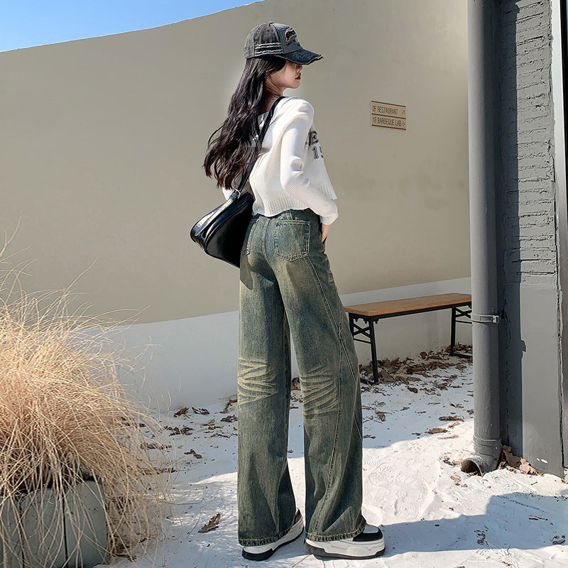 2025 Salt fried street pants nostalgic blue jeans women's high waist and thin design sense small wide leg floor pants