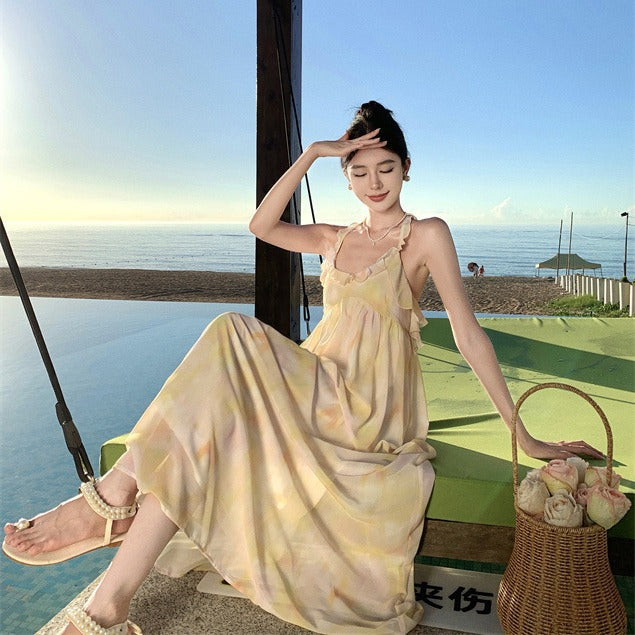 2025 New smudge holiday style neck dress niche design temperament backless neck dress women's summer