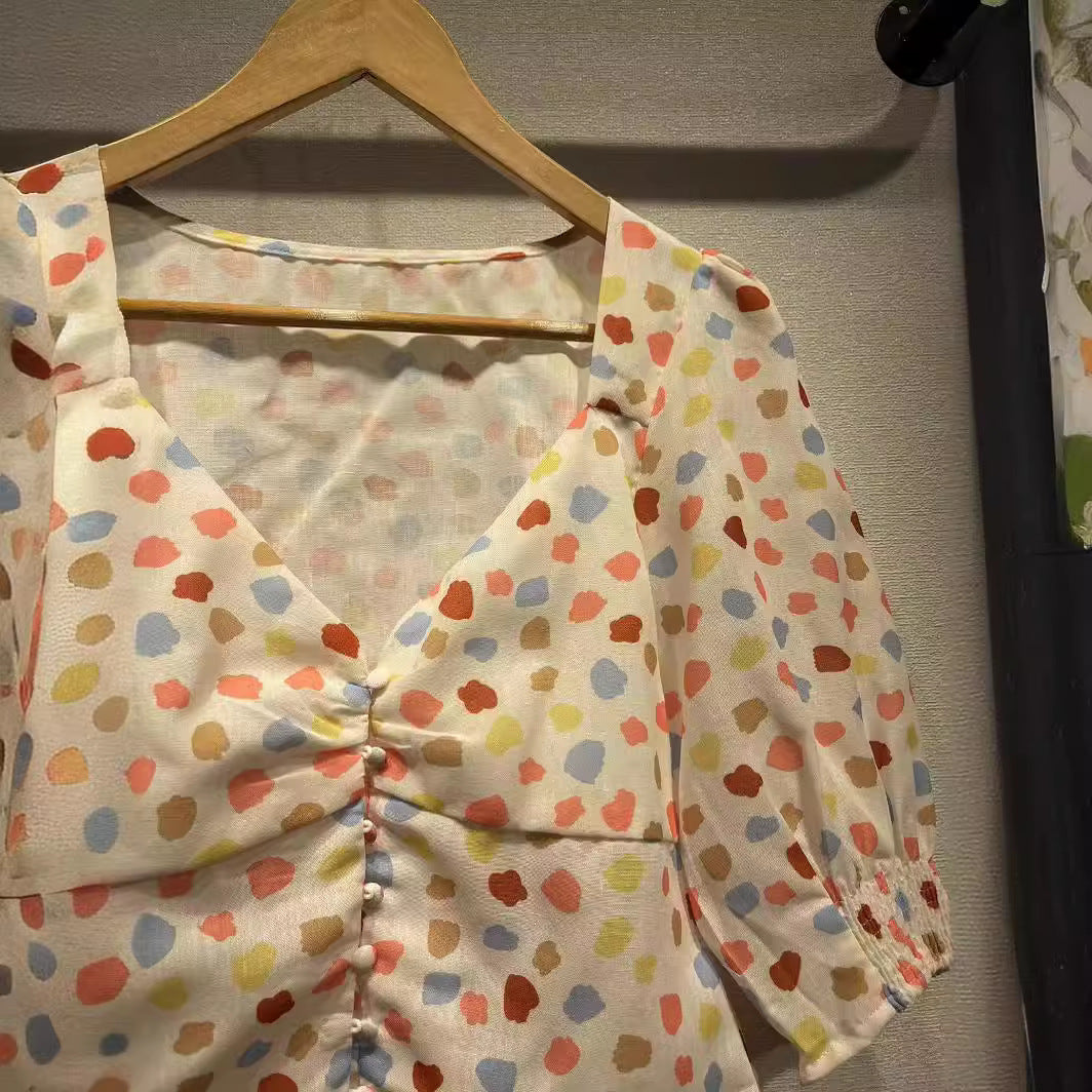 2025 RIpopular Spring and Summer New Linen Polka Dot Printed Peach Heart Low Neck V-Neck Bubble Sleeve Shirt Classic Shirt 31408