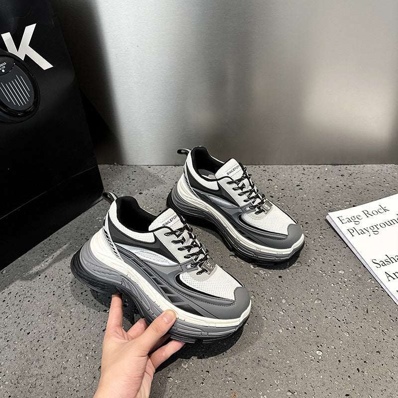 2025 Dad shoes women's popular spring and autumn new leather heightened thick-soled mesh breathable couple casual sports shoes women's trendy shoes