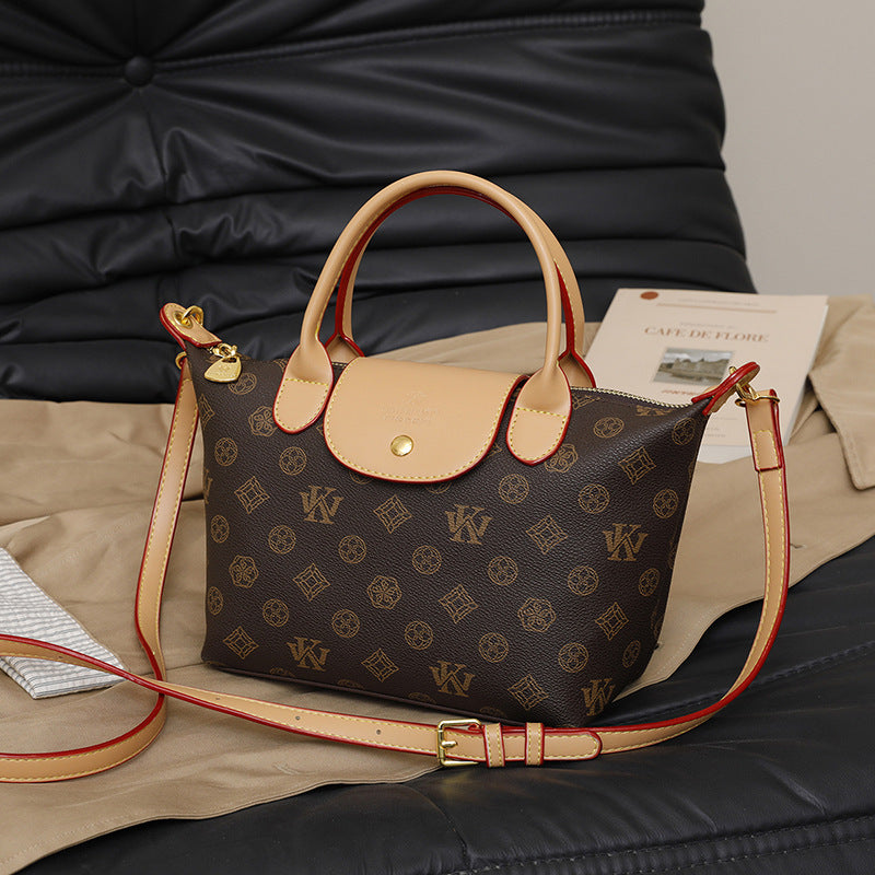 2025 Crossbody bag classic New Longxiang bag retro printed soft leather bag fashion contrasting color commuter handbag women