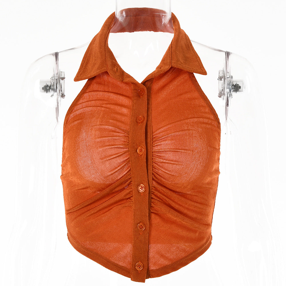 2025 women's clothing summer new sleeveless top simple design sexy backless single-breasted small lapel shirt women