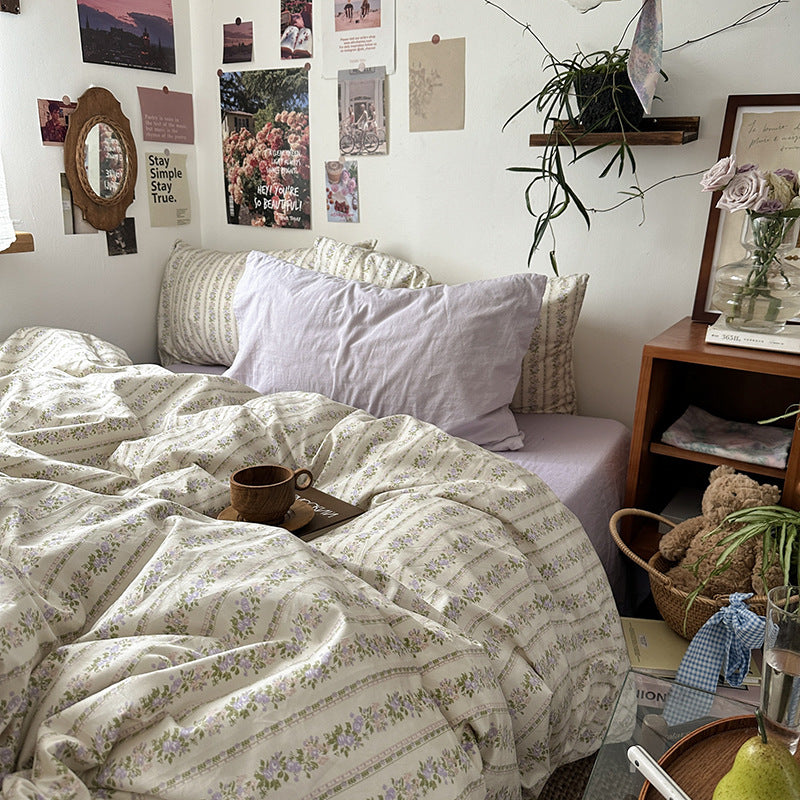 Yeknu fall bedroom aesthetic INS Vintage Floral Cotton Cotton Bedding Four-Piece Bed Sheet Quilt Cover Quilt Cover Bed Cover Three-Piece Set