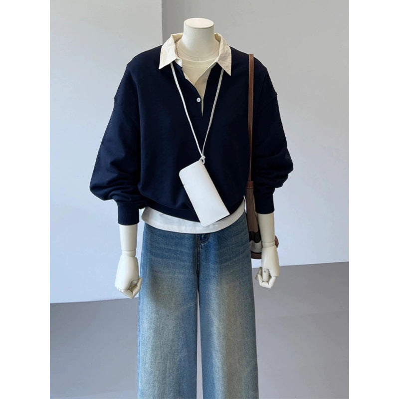 2025 spring clothing new college style contrasting color shirt neckline loose pullover sweater women