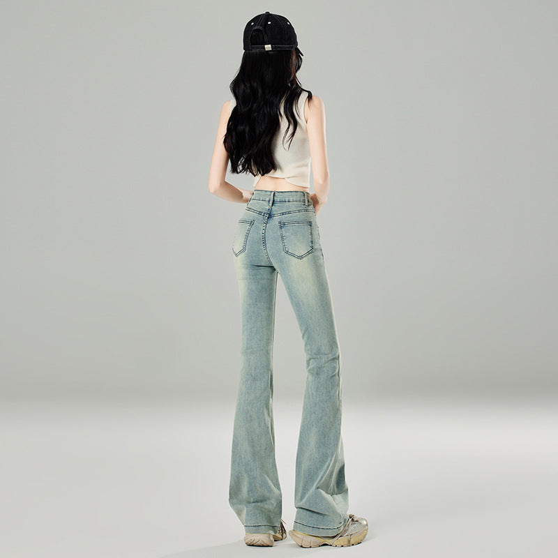 2025 Light blue micro-horn jeans women's popular summer and autumn new high-waisted retro design horseshoe horn pants