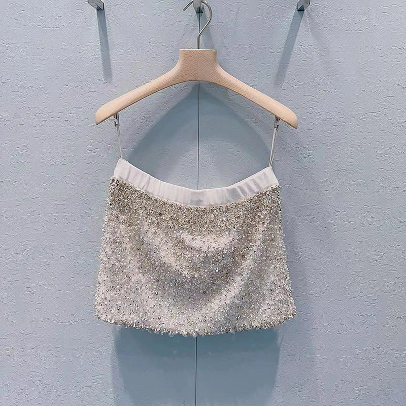 Bead vest suspender women's summer pure desire short neck spice girl top high waist skirt suit women's L5011