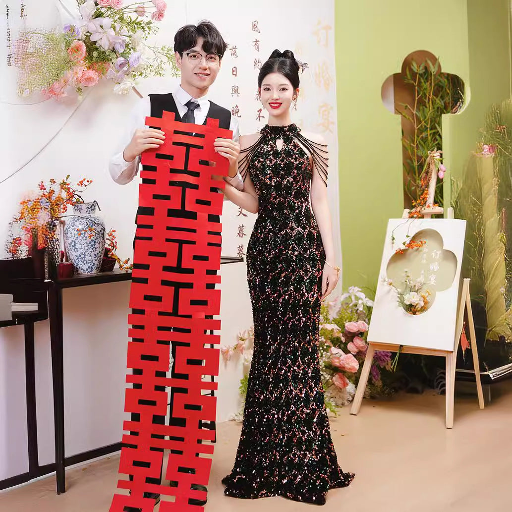 2025Evening dress women's new black sequins light luxury niche temperament host annual meeting banquet fishtail dress skirt