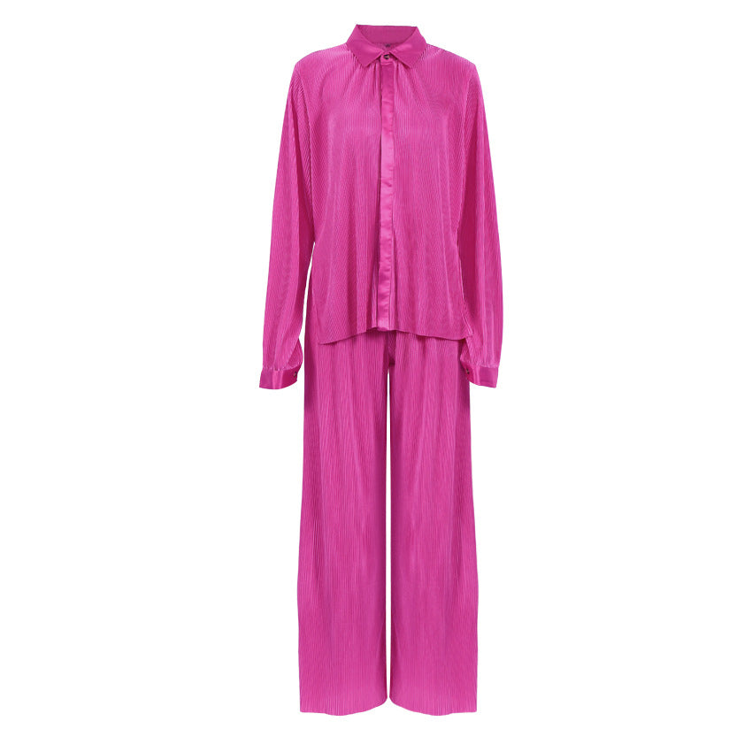 2025 popular autumn and winter new long-sleeved lapel pleated shirt women's wide-leg mopping floor drape pleated trousers set solid color