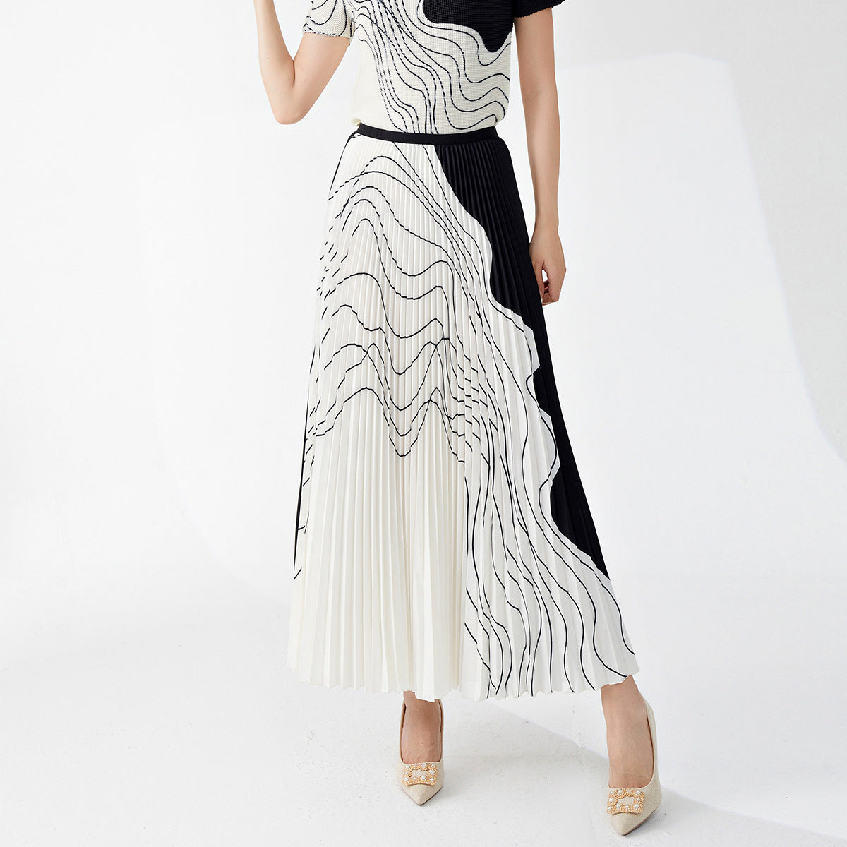 skirt a word female drape high sense elastic waist wavy pattern loose fashion temperament versatile pleated skirt