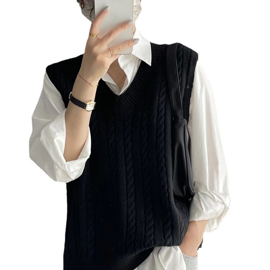 qgtao Autumn Twist Knitted Vest 2024 Outer Wear Loose Slimming Western Style Korean Style V-neck Top