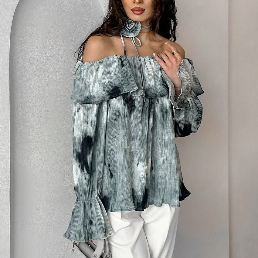 2025 Spring and summer fashion national style flower casual printing crepe one-word collar shirt lace-up loose horn sleeve top