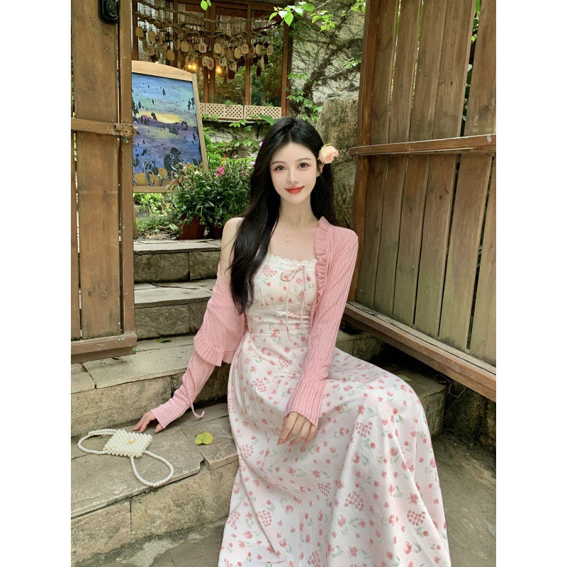 qgtao summer outfits inspo Pastoral French Square Collar Lady Sling Slimming Floral Dress Chubby Girl Shirt Two-Piece Set