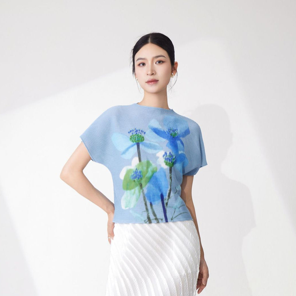 Women's summer clothes design sense niche T-shirt unique chic printing versatile pleated loose short-sleeved top tide