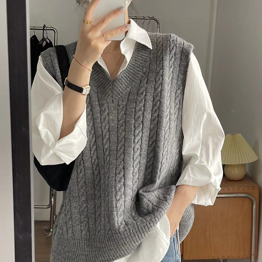 qgtao Autumn Twist Knitted Vest 2024 Outer Wear Loose Slimming Western Style Korean Style V-neck Top