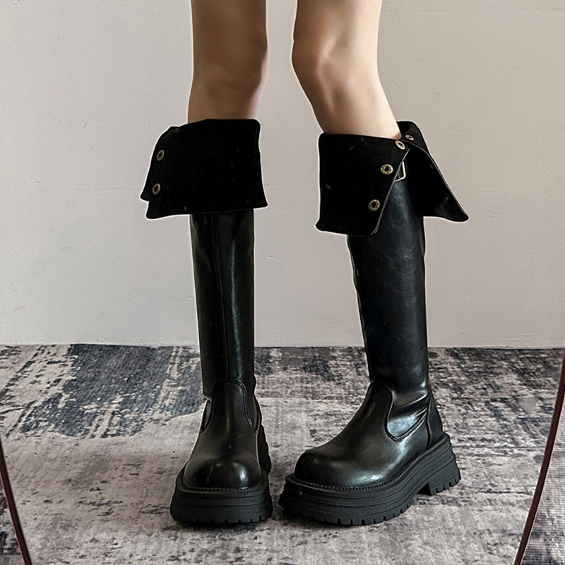 2025 Black retro British style thick heel platform boots women's popular autumn and winter new boots tall and thin knight boots