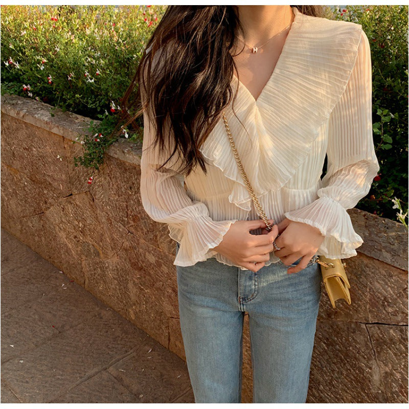 Small pleated design shirt women's  gentle first love temperament ruffle edge long sleeve retro collar top