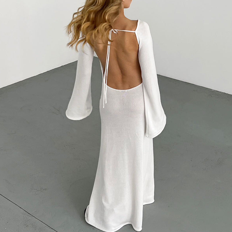 2025 new sexy backless dress for women, New horn sleeves loose beach vacation dress for women