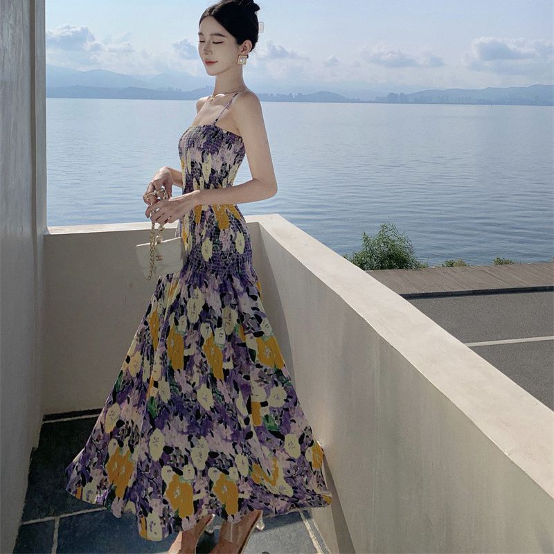 2025 Travel photo nice skirt summer romantic bohemian oil painting smudge atmosphere vacation suspender skirt