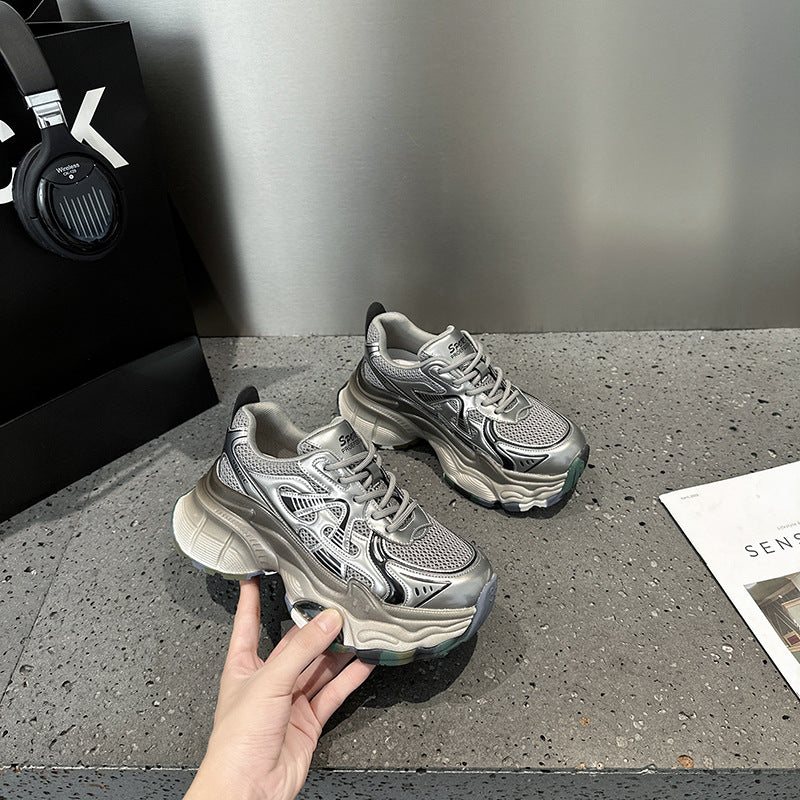2025 Leather platform dad shoes women's popular autumn new Korean version breathable and versatile, light and non-slip casual sports shoes tide