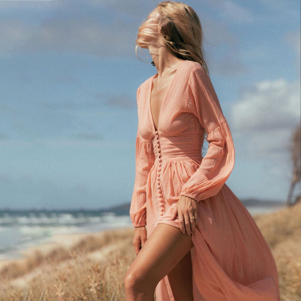qgtao pop culture dress to impress Women's Clothing New French Style Retro V-neck Waist Pleated Loose Slit Temperament Long Sleeve Dress
