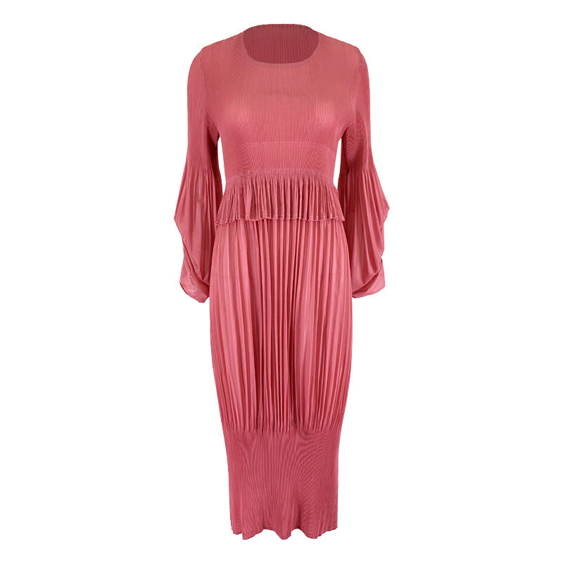 2025 spring simple design girly feeling fresh and sweet pleated bubble sleeves lantern dress dress dress medium and long dress women
