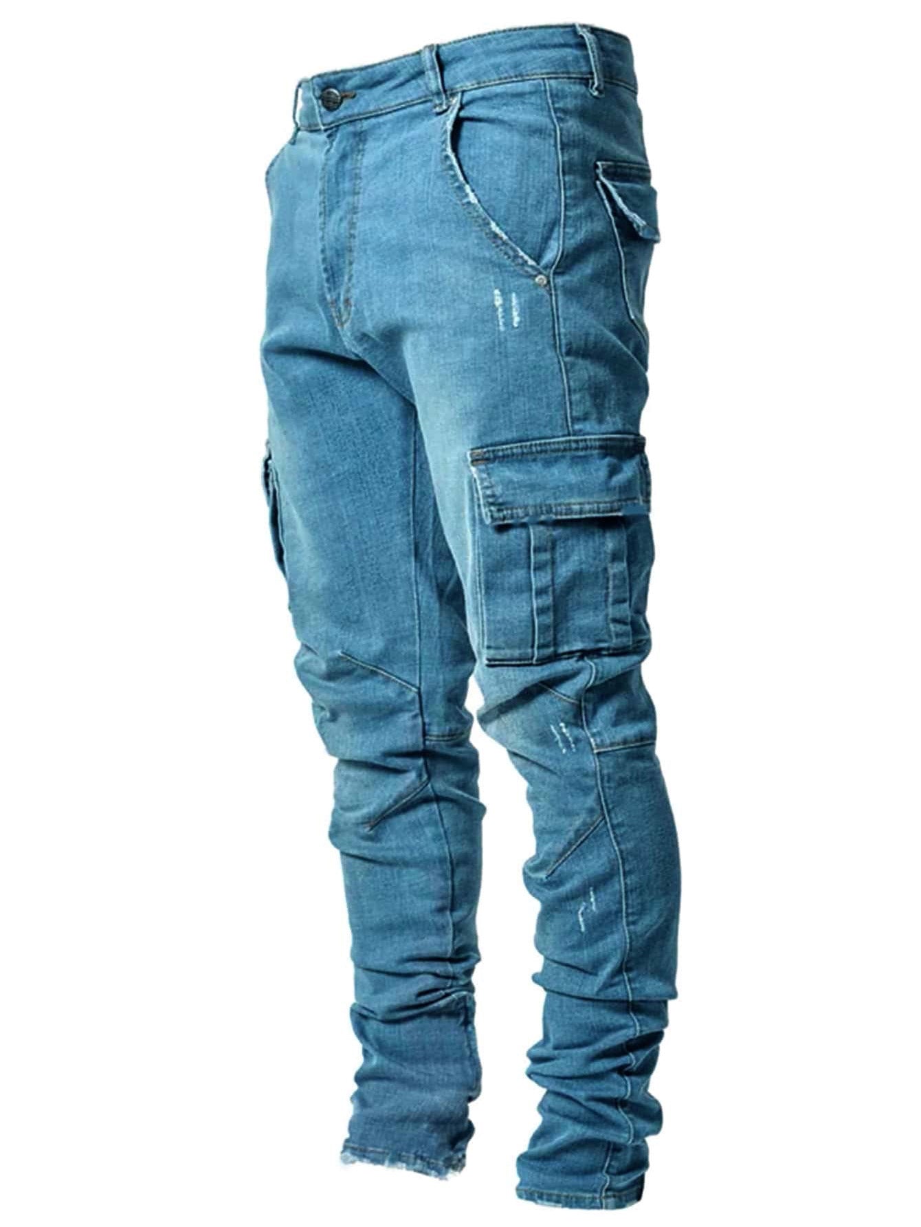 2025 Popularan Station Casual trendy men's elastic multi-bag pants Cross-border Popular trade Slim and thin denim tooling explosion