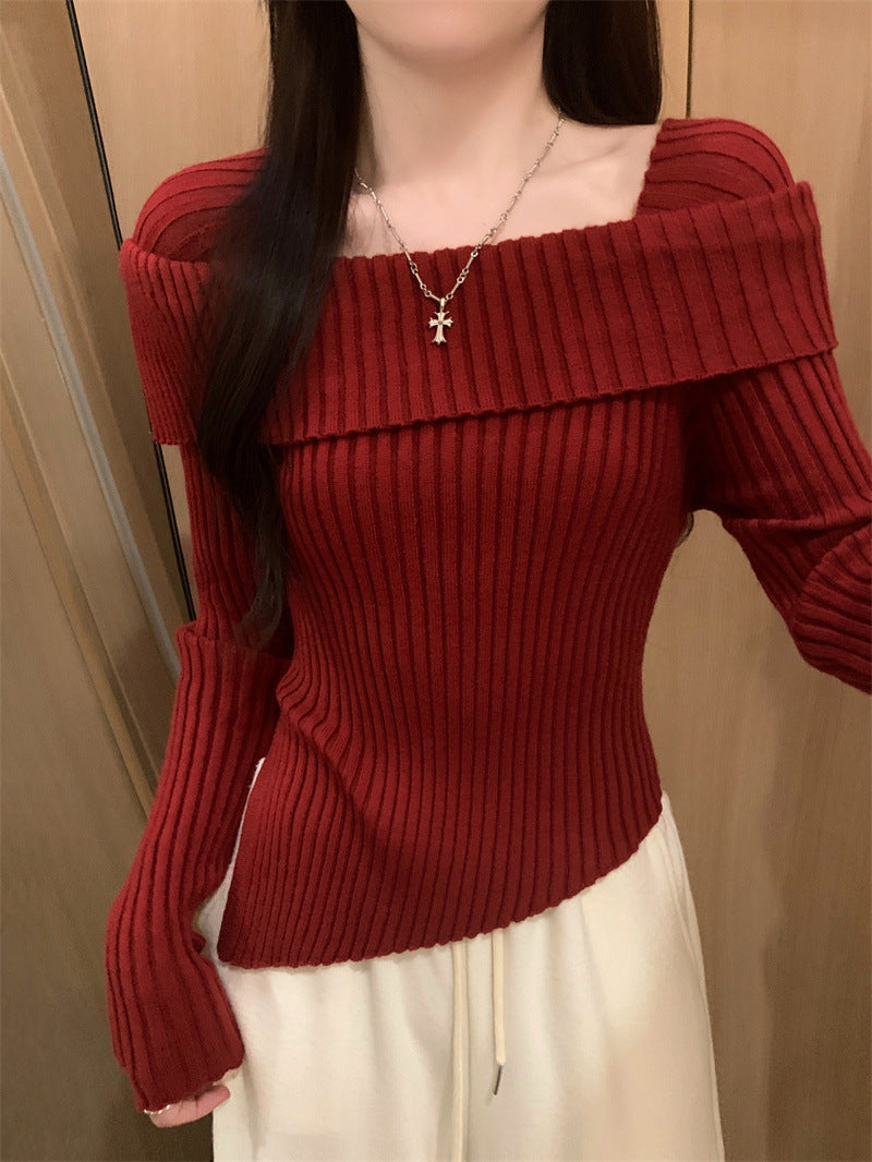 qgtao 2000s fashion 2024 Spring Long-Sleeved off-Shoulder Sweater Top Women's Irregular Slim-Fit Short Split Bottoming Sweater