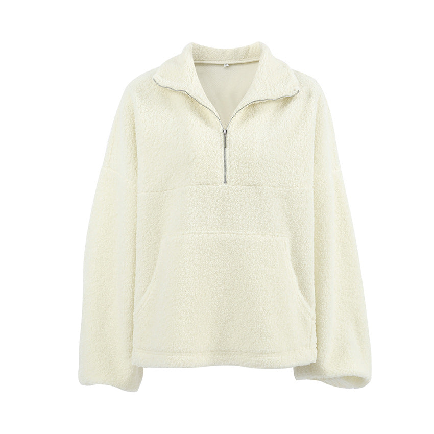 2025 Autumn and winter personalized fashion beige knitted casual lamb wool small stand-up collar lantern sleeve New plush loose sweater women
