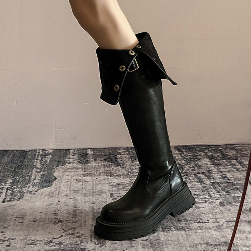 2025 Black retro British style thick heel platform boots women's popular autumn and winter new boots tall and thin knight boots