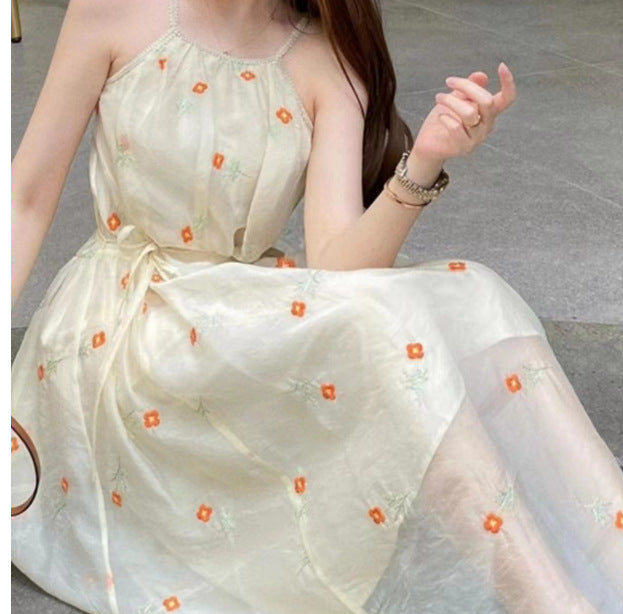 2025 temperament coffee break dress super fairy high-end neck embroidery suspender dress women's summer vacation thin beach dress