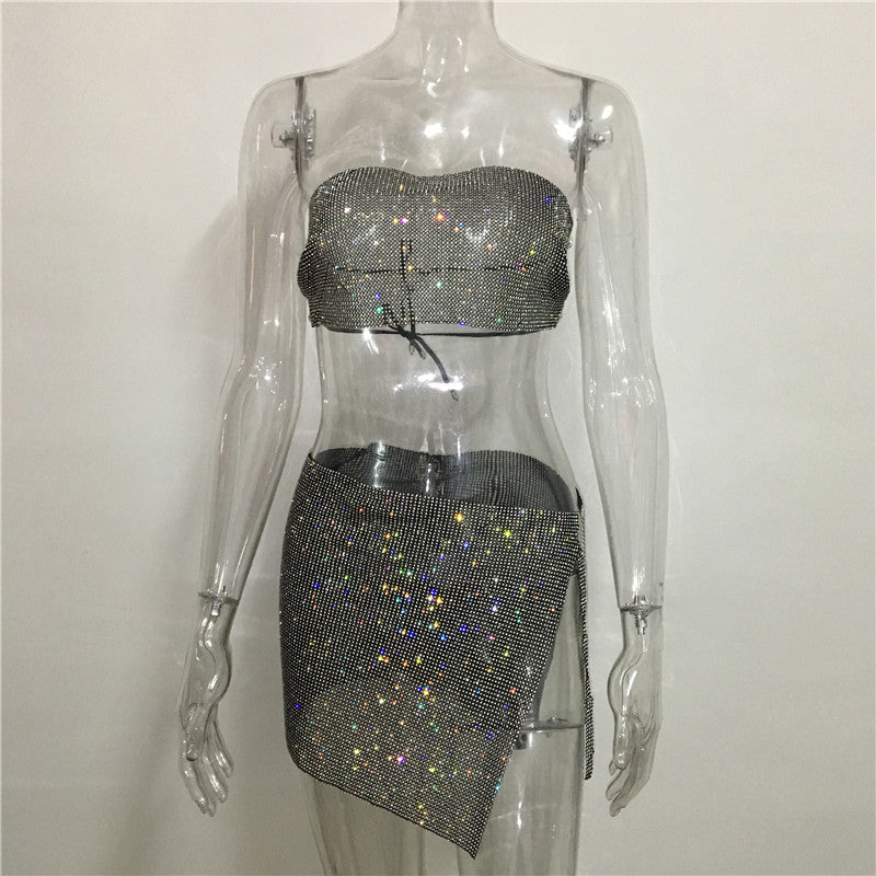 qgtao dti outfits Fashion Nightclub Women's Personalized Rhinestone Metal Tube Top Skirt Suit Hot Girl Flash Diamond Top
