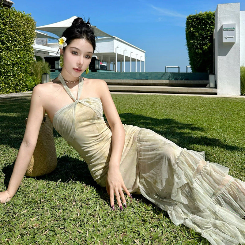 2025 New Chinese style cold feeling slim fit elastic neck tube top two wear dress seaside vacation hip wrap waist long dress summer