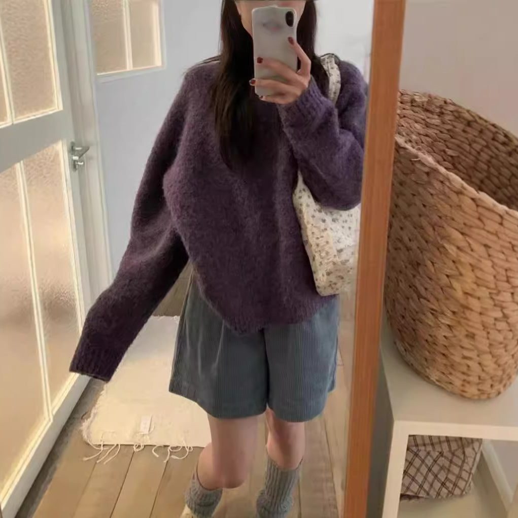 qgtao leapord outfit Gentle Style Circle Yarn Purple Pullover Women's Autumn and Winter New Style Nuo Jiji round Neck Sweater Top Fashion