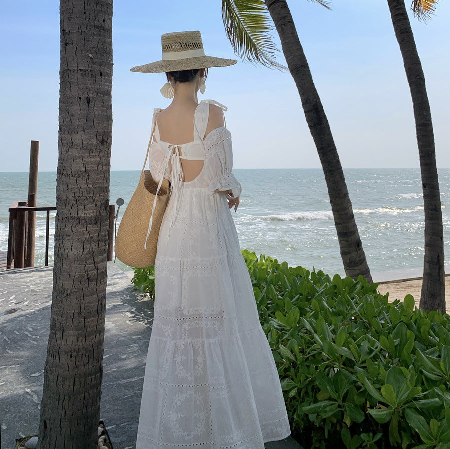 2025 Seaside vacation beach halter dress retro girl embroidered hollow off-the-shoulder suspender white dress women