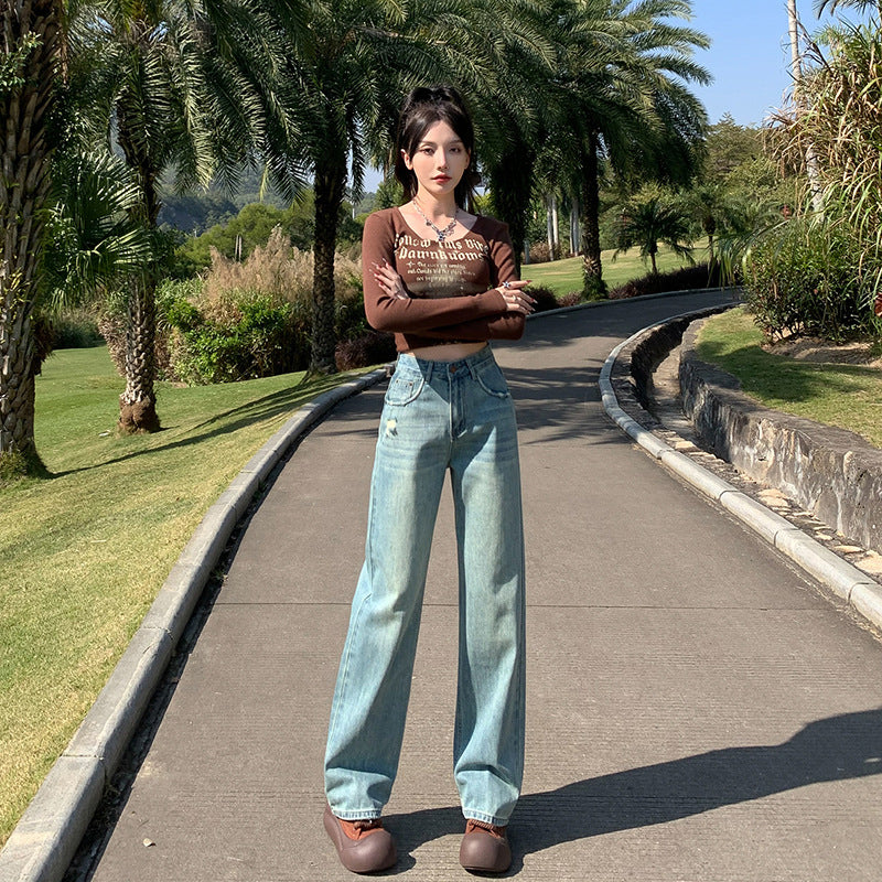 2025 Light blue retro blue black ripped jeans women's high waist and thin design sense straight narrow version loose wide-leg pants