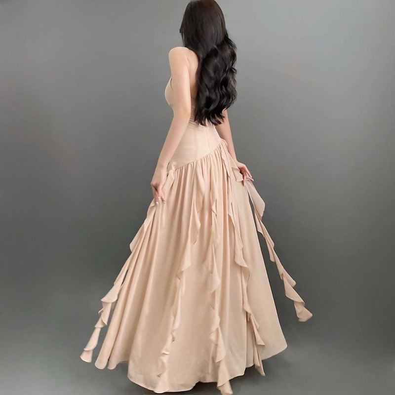 2025 style popular summer new women's clothing temperament suspender slim evening dress wavy edge dress