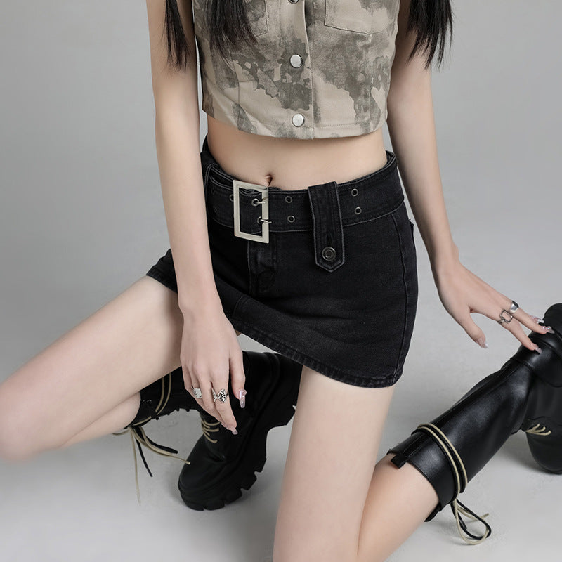 2025 Blue denim short skirt women's summer popular new high-waisted A-word thin and versatile retro n sweet short skirt