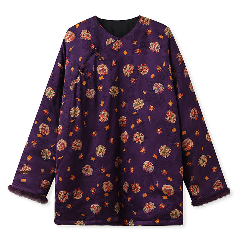 New Chinese style national style autumn and winter loose and comfortable round neck silk design cotton dress jacket women MY014