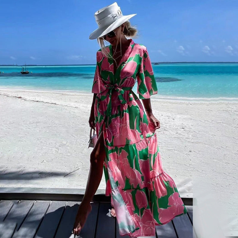 2025 summer new beach with leisure vacation printed beach bikini swimsuit blouse sunscreen cardigan