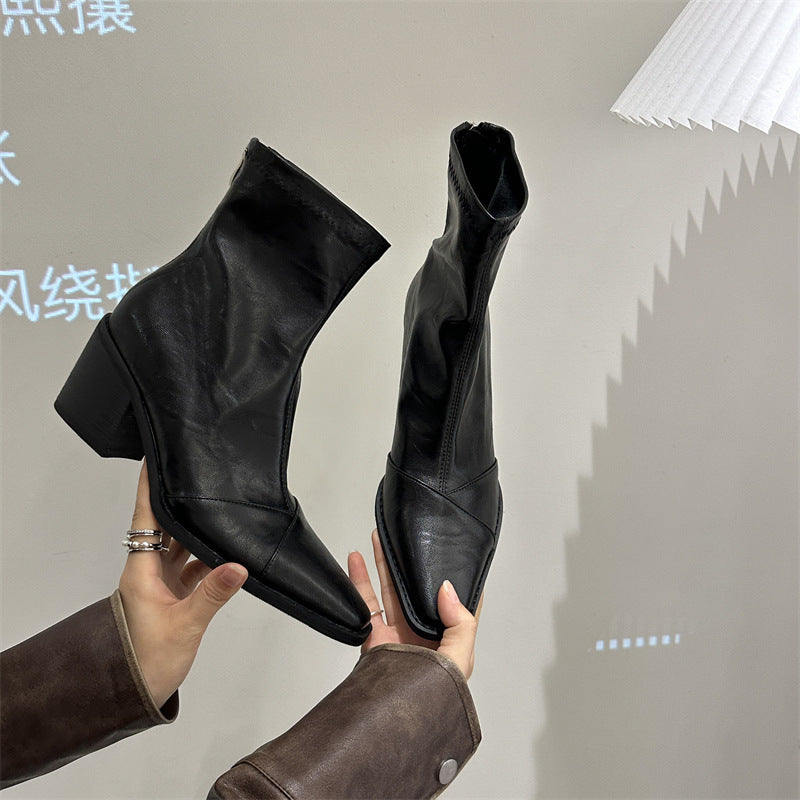 2025 popular autumn and winter new 2025 style square head thick heel high heel short boots women's retro versatile rear zipper fashion Martin boots