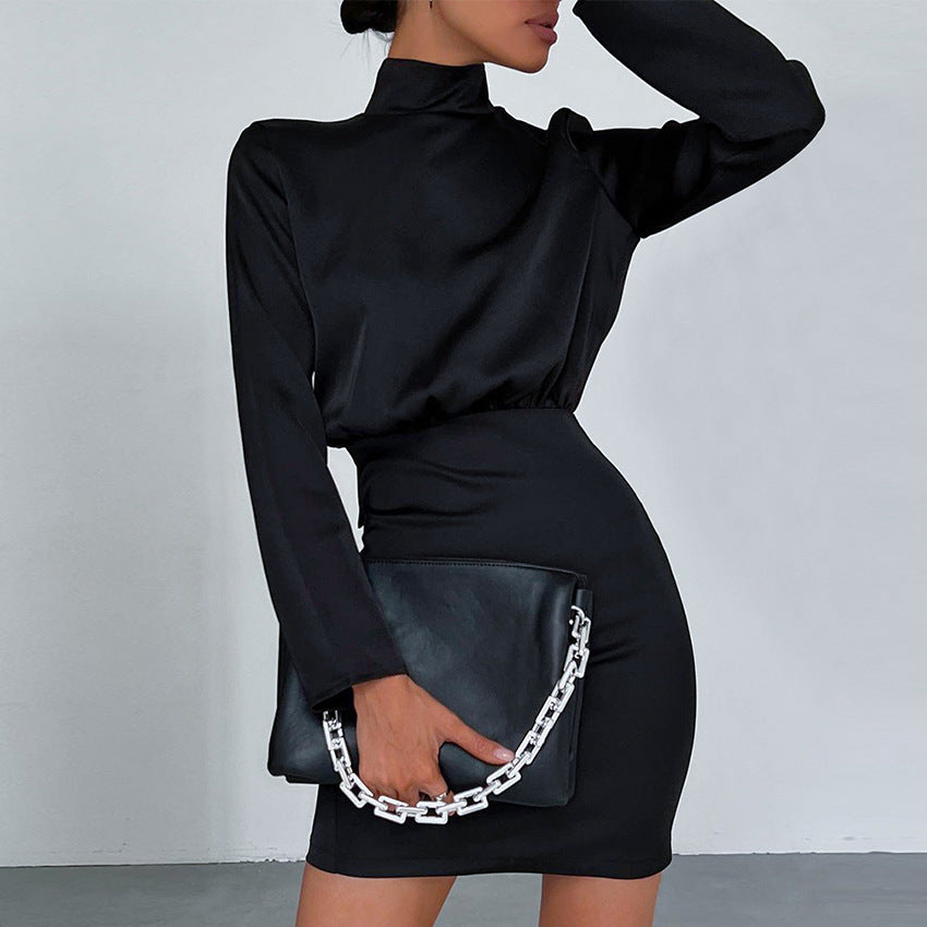 2025 popular spring new satin waist dress halter bow turtleneck A-word skirt short skirt Popular trade women