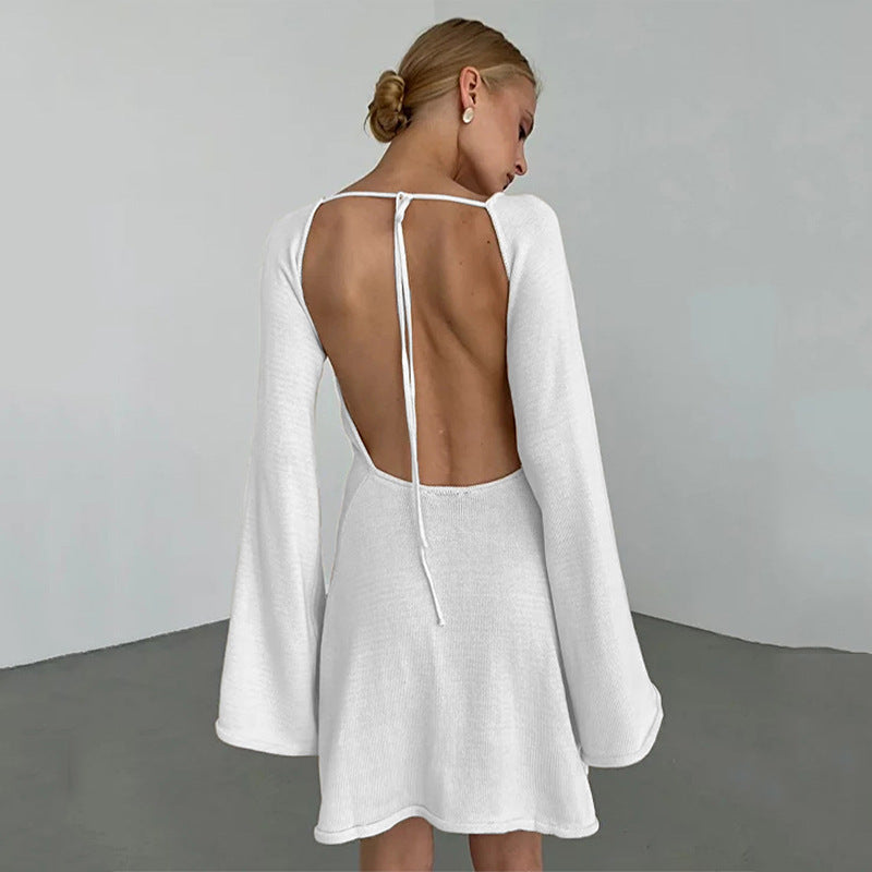 2025 new sexy backless dress for women, New horn sleeves loose beach vacation dress for women