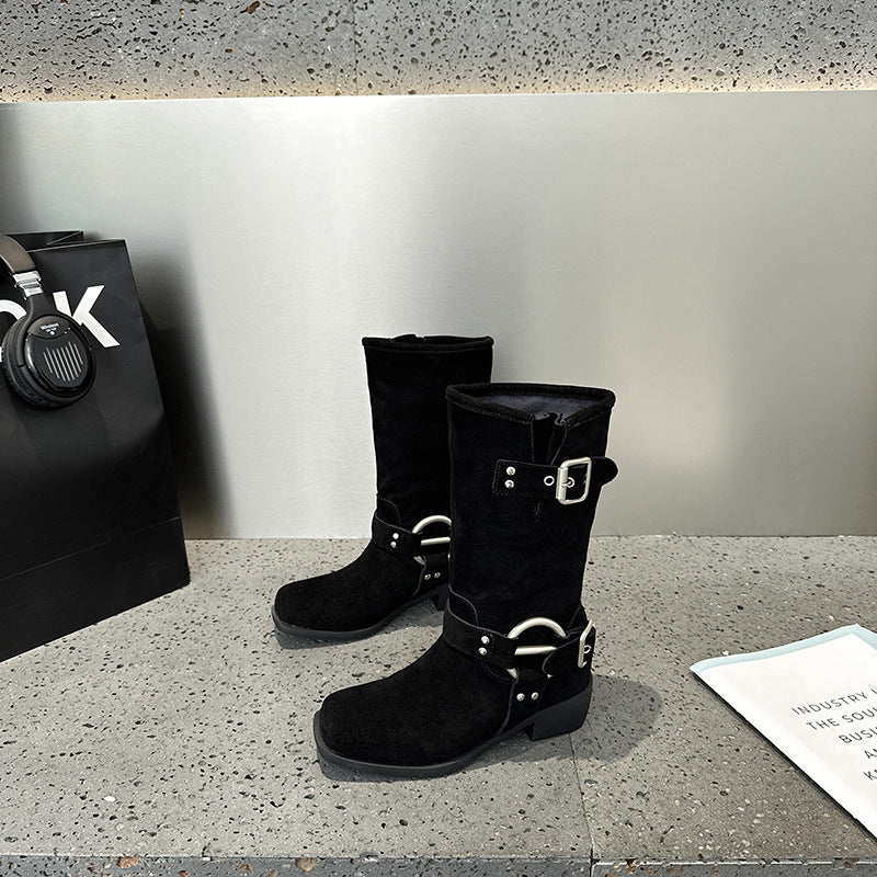 2025 Leather Cow Velvet Wasteland Boots Merad Western Cowboy Boots Khaki Belt Buckle Pile Boots