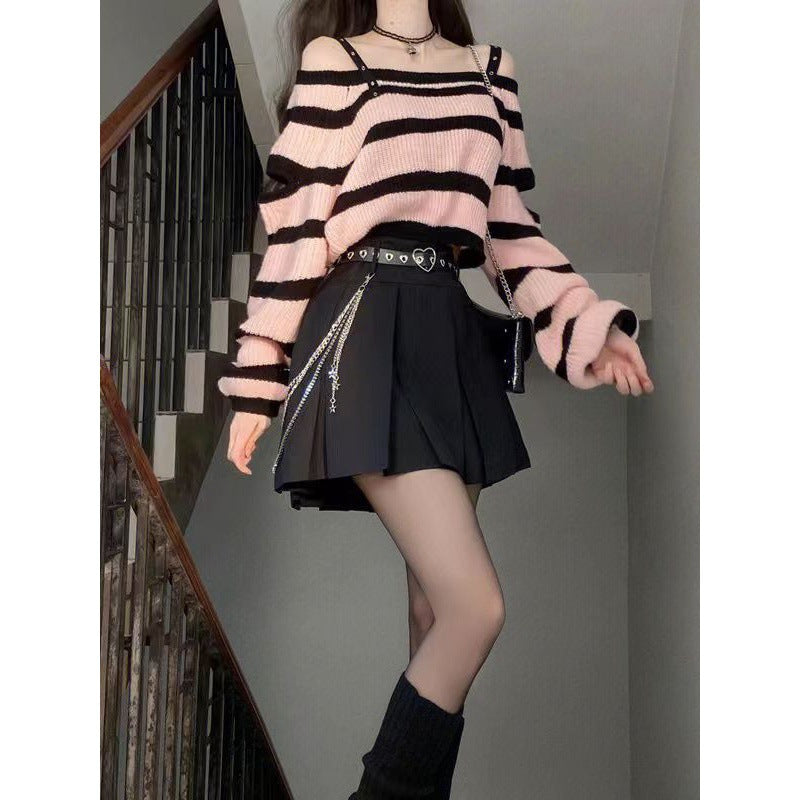qgtao y2k Sweet and Spicy Style off-the-Shoulder Top Striped Sweater Suit Women's Autumn Hot Girl High Waist Pleated A- line Skirt Two-Piece Set