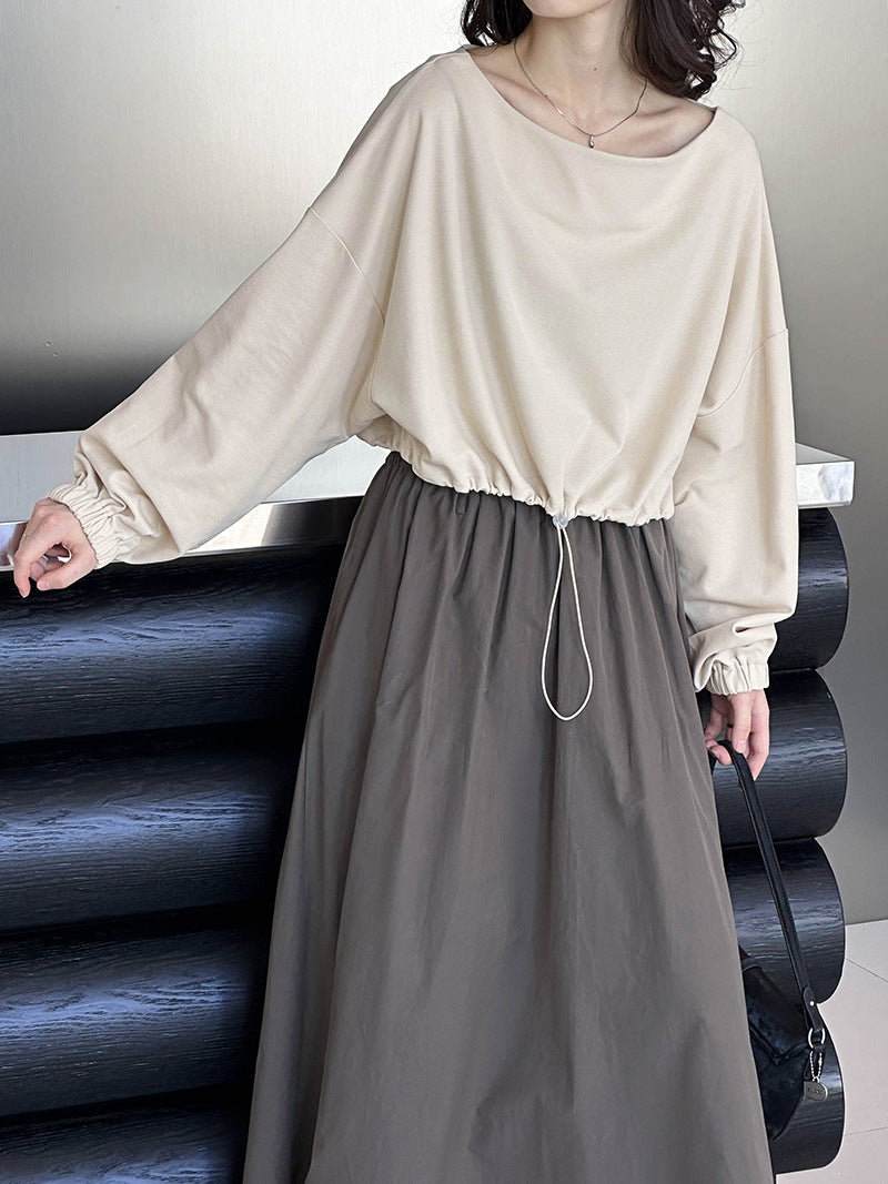 2025 Spring New Top Korean Solid Color Design Sense Drawstring Waist Long Sleeve Short T-Shirt 4525