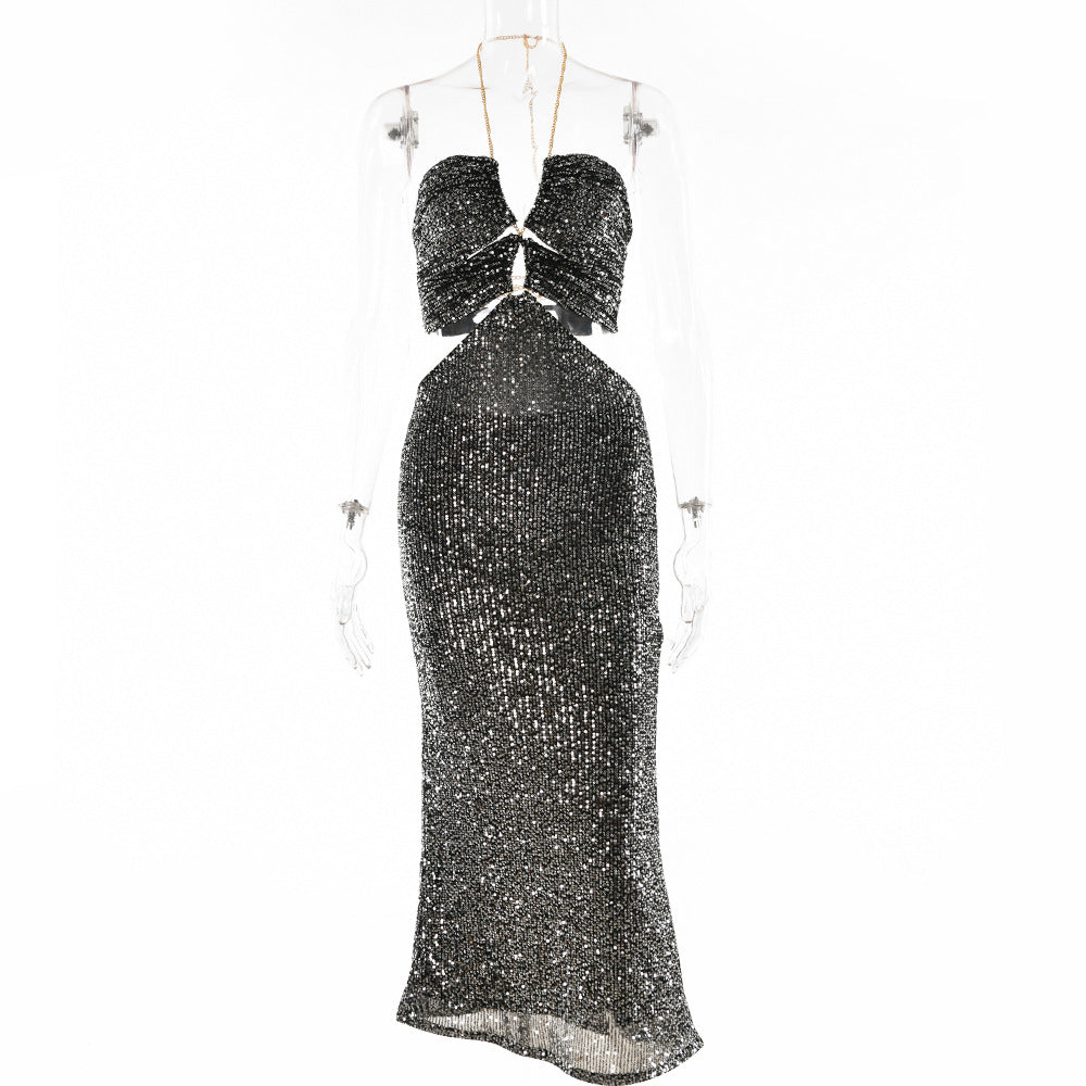 2025 style hot-selling sexy babes hollowed out tight A-shaped skirt, backless neck sequined dress autumn women